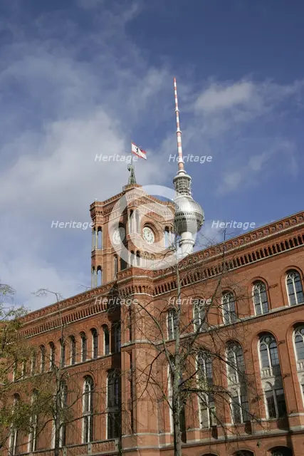 Red Town Hall, (Rotes Rathaus) from Spandauer Strasse, Berlin, Germany, 2025.  Creator: LTL.