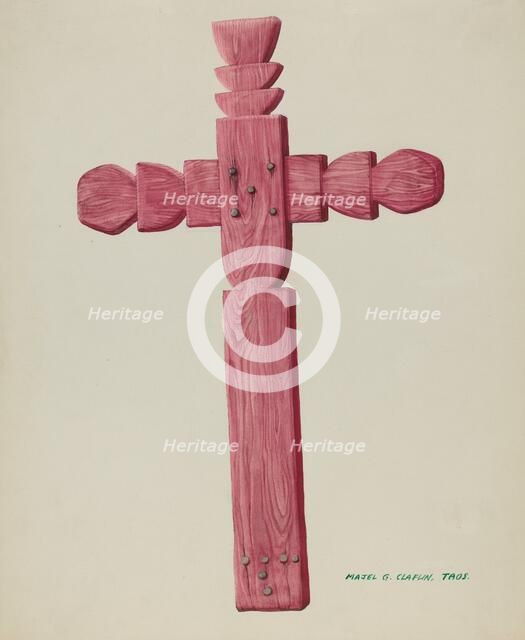 Red Wooden Cross used as Headstone, c. 1937. Creator: Majel G. Claflin.