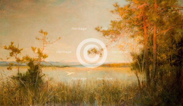 Reedy Mere And Sunlit Hills, 1890-91. Creator: Alfred Edward East.