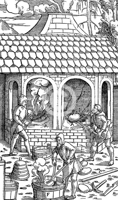 Refining copper: removing cakes of copper from the crucible and quenching in a tub of water, 1556. Artist: Unknown