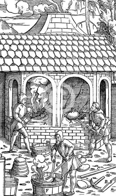 Refining copper: removing cakes of copper from the crucible and quenching in a tub of water, 1556. Artist: Unknown