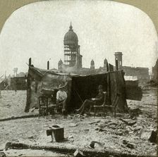Refugee camp made of scraps [of] corrugated sheet iron gathered from the ruins 1906. Creator: Unknown