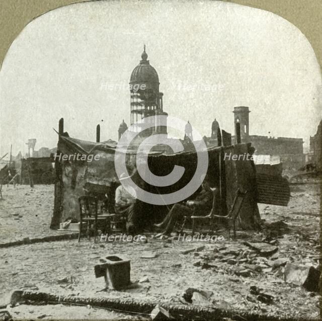 'Refugee camp made of scraps [of] corrugated sheet iron gathered from the ruins', 1906.  Creator: Unknown.