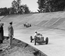 Reg Parnell's MG K3 leading B Bira's Maserati, JCC International Trophy, Brooklands, 2 August 1937. Artist: Bill Brunell