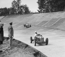 Reg Parnell's MG K3 leading B Bira's Maserati, JCC International Trophy, Brooklands, 2 August 1937. Artist: Bill Brunell