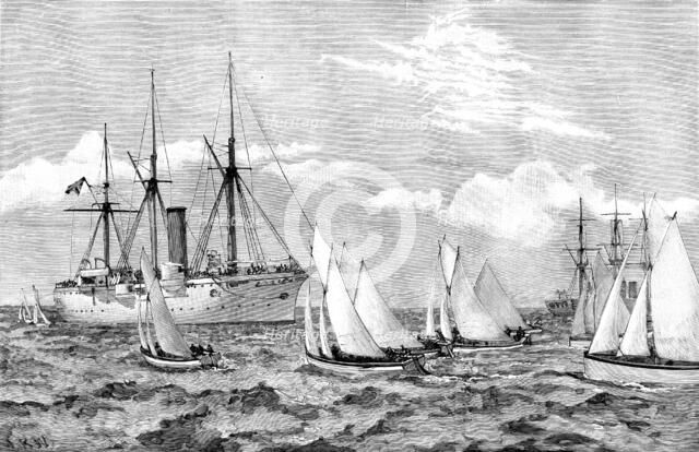 Regatta at Zanzibar - sailing pinnace race: rounding H.M.S. Brisk, 1890. Creator: Unknown.