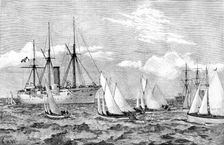 Regatta at Zanzibar - sailing pinnace race: rounding H.M.S. Brisk, 1890. Creator: Unknown