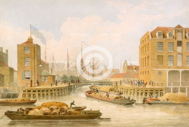 Regent's Canal entrance gates at Limehouse, Tower Hamlets, London, 1823. Creator: Thomas Hosmer Shepherd.