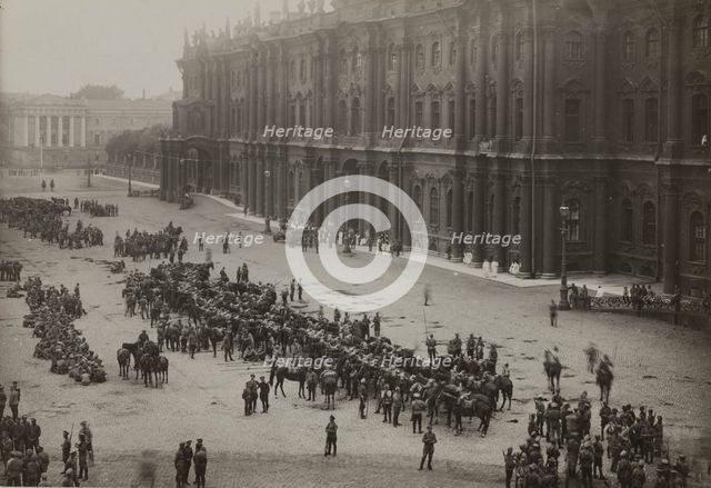 Regiments summoned back from the war front by the Provisional Government on Palace Square, before th