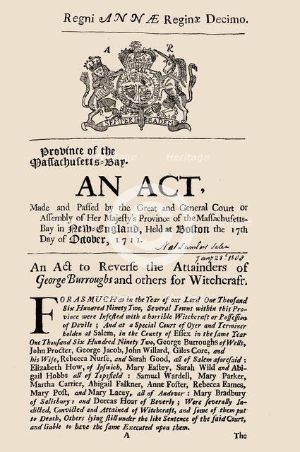 Regni Annae Reginae decimo. The 1711 act of the Massachusetts legislature to reverse the..., 1711. Creator: Historic Object.