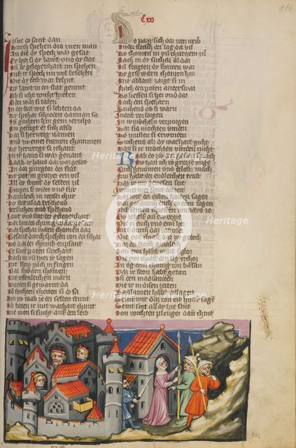 Rehab Hiding the Spies in Jericho; Weltchronik, about 1400-1410. Creator: Unknown.
