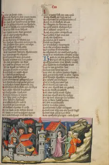 Rehab Hiding the Spies in Jericho; Weltchronik, about 1400-1410. Creator: Unknown