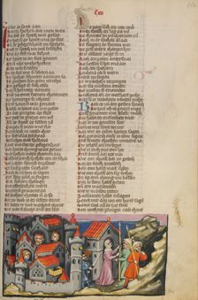 Rehab Hiding the Spies in Jericho; Weltchronik, about 1400-1410. Creator: Unknown