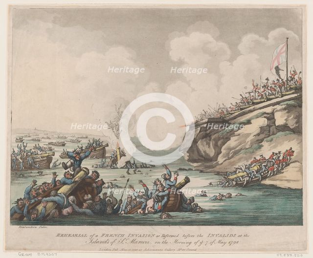 Rehearsal of a French Invasion as Performed before the Invalids at the Islands of ..., May 18, 1798. Creator: Thomas Rowlandson.