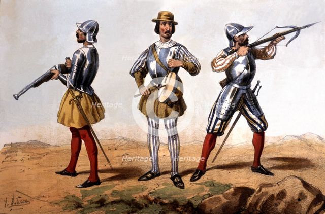 Reign of Catholic Kings. Infantry, 1504, soldier of the Colunelas: Gunsmith, kettledrumman and cr…
