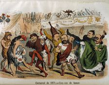 Reign of Amadeo of Savoy, cartoon of the carnival with politicians, the Kaiser, Napoleon III, Riv…