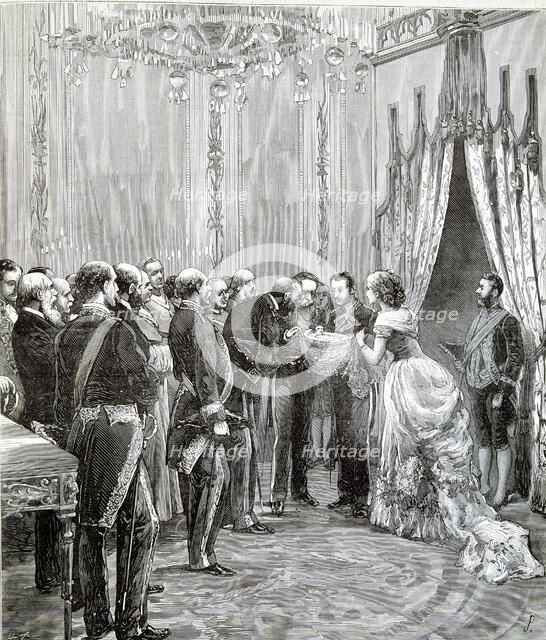 Reign of Alphonse XII, birth of the Infanta Maria de las Mercedes, presentation at the palace, en…