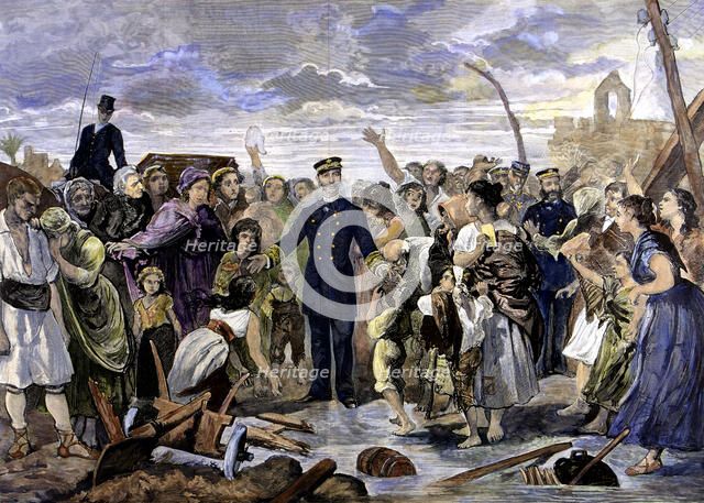 Reign of Alphonse XII, King's visit to flood victims in Alcantarilla (Murcia), 1879, colored engr…