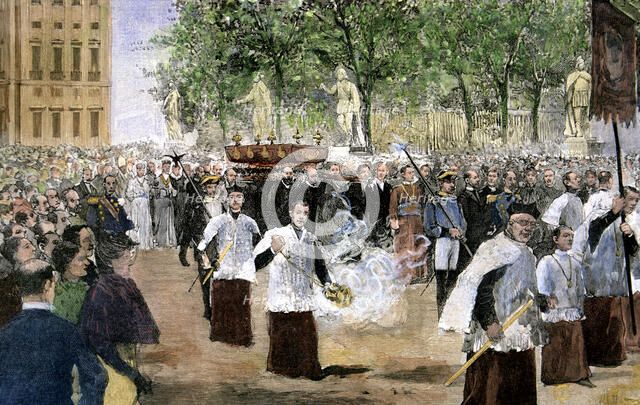 Reign of Alphonse XII, procession of San Isidro, to ask for rain and peace, drawing by M. Allazar…