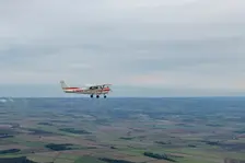 Reims-Cessna F172M Skyhawk in flight near Driffield, East Riding of Yorkshire, 2023. Creator: Chloe Pearson Jones