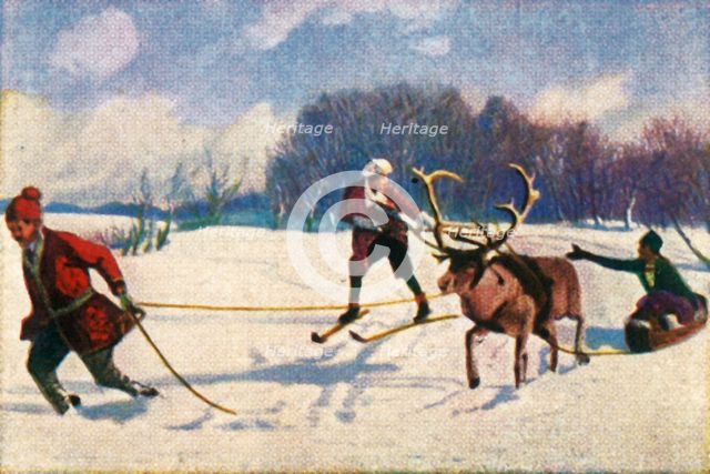 Reindeer sledge ride in Sweden, c1928. Creator: Unknown.