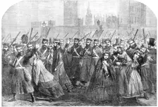 Reinforcements for Canada: the Guards crossing Westminster-Bridge on their way to the..., 1861. Creator: Unknown
