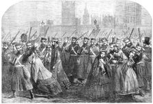 Reinforcements for Canada: the Guards crossing Westminster-Bridge on their way to the..., 1861. Creator: Unknown