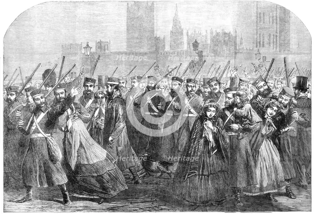 Reinforcements for Canada: the Guards crossing Westminster-Bridge on their way to the..., 1861. Creator: Unknown.