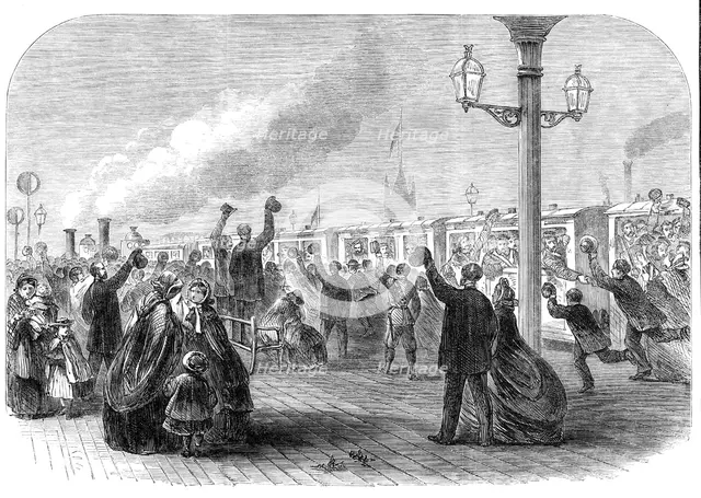 Reinforcements for Canada: the Guards leaving the South-Western Railway station for Southampton,1861 Creator: Unknown.