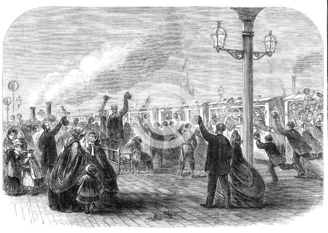 Reinforcements for Canada: the Guards leaving the South-Western Railway station for Southampton,1861 Creator: Unknown.