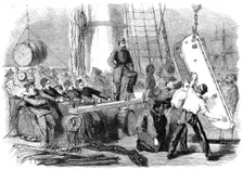Reinforcements for Canada: shipping sledges on board the Calcutta at Woolwich for guns..., 1862. Creator: W Thomas