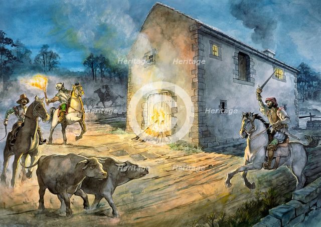 Reivers raiding Birdoswald, 16th century, (c1990-2010). Artist: Philip Corke.