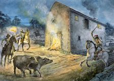 Reivers raiding Birdoswald, 16th century, (c1990-2010). Artist: Philip Corke