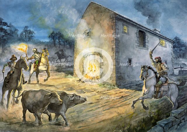 Reivers raiding Birdoswald, 16th century, (c1990-2010). Artist: Philip Corke.