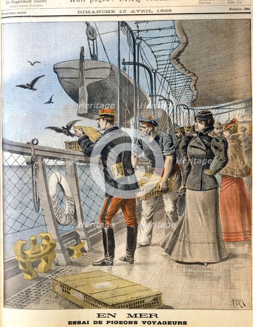 Releasing French army homing pigeons on board the transatlantic liner 'La Bretagne', 1898. Artist: Unknown