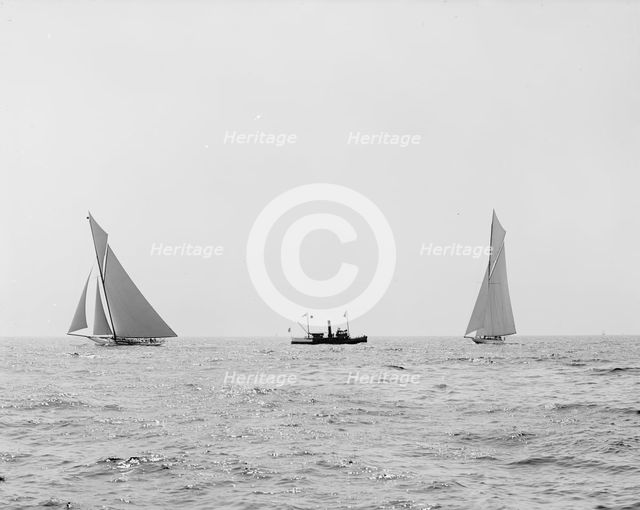 Reliance and Shamrock III coming for the line, Aug. 22, '03, 1903 Aug 22, c1903. Creator: Unknown.