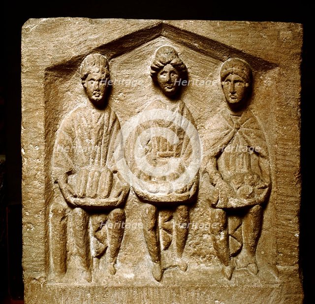 Relief of 3 mother-goddesses, Cirencester, Gloucestershire, England, Roman period. Artist: Unknown