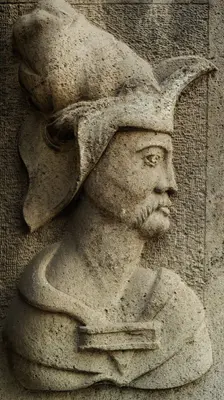Relief of male figure in profile, house in the old Town, Gsansk, Poland, 2016. Creator: Unknown
