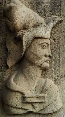 Relief of male figure in profile, house in the old Town, Gsansk, Poland, 2016. Creator: Unknown