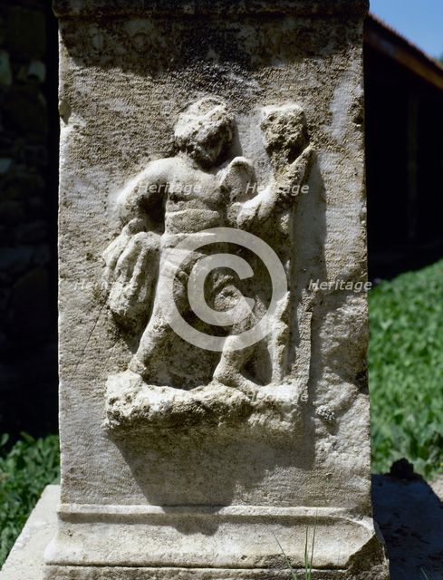 Relief of a Retiarius, type of Roman gladiator, Aphrodisias (Anatolia, Turkey), 2000.  Creator: LTL.