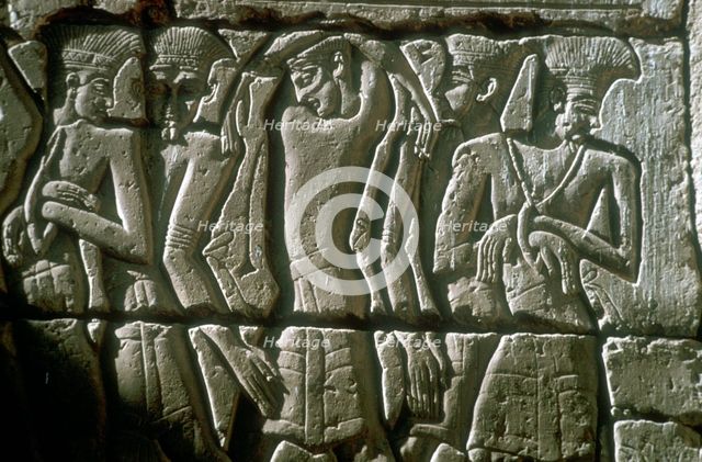 Relief of enemy prisoners, Temple of Rameses III, Medinat Habu, Egypt, c12th century BC. Artist: Unknown