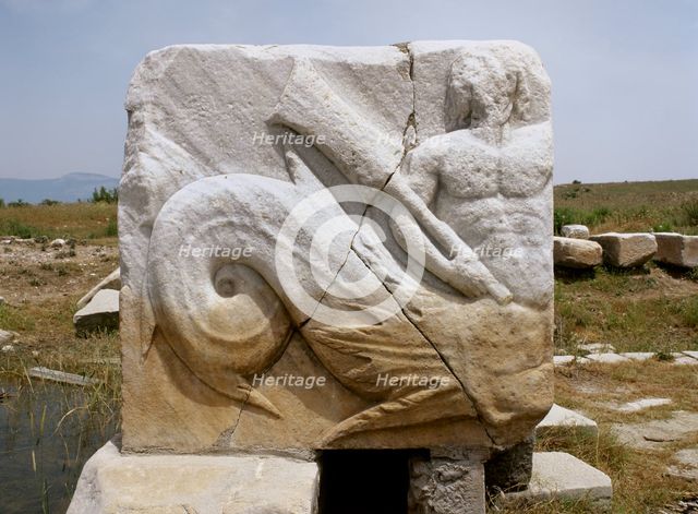Relief of god Triton, messenger of the sea, Harbor Monument, Miletus, Turkey, 1999.  Creator: LTL.