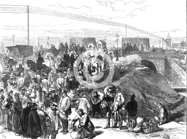 Relief of Paris: dealers in provisions...at the Prussian advanced post on the canal bridge, 1871. Creator: C. R..