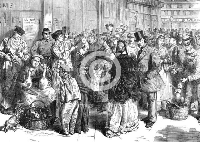 Relief of Paris: venders of poultry and rabbits – scene near the rue Lafayette, 1871. Creator: Unknown.