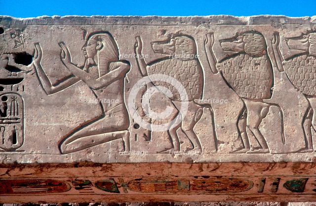 Relief of Rameses III and sacred baboons, Mortuary Temple, Medinat Habu, Egypt, c12th century BC. Artist: Unknown