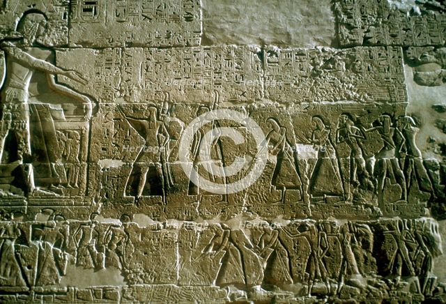 Relief of Rameses III receiving tribute, Mortuary Temple, Medinat Habu, Egypt, c12th centuryBC. Artist: Unknown