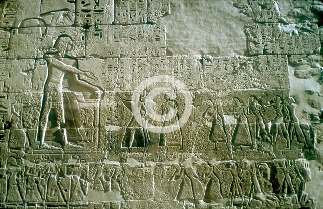 Relief of Rameses III receiving tribute, Mortuary Temple, Medinat Habu, Egypt, c12th centuryBC. Artist: Unknown