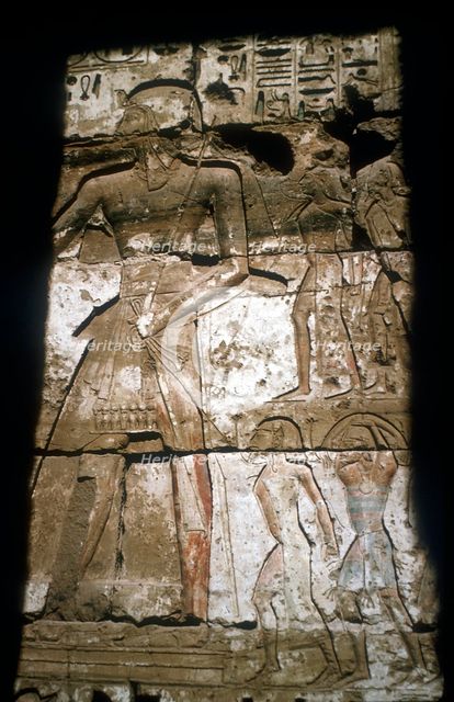 Relief of Ramesses III leading captives, Temple of Rameses III, Medinat Habu, Egypt, c12 centuryBC. Artist: Unknown