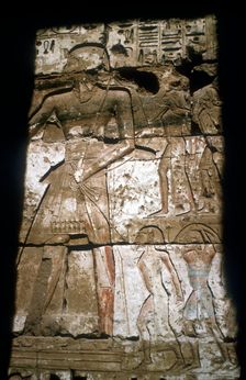 Relief of Ramesses III leading captives, Temple of Rameses III, Medinat Habu, Egypt, c12 centuryBC