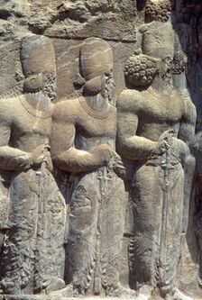 Relief of Shapur's Parade, Sassanian Rock Relief, Naqsh-e Rajab, Fars Province, Iran, (1994). Creator: Unknown